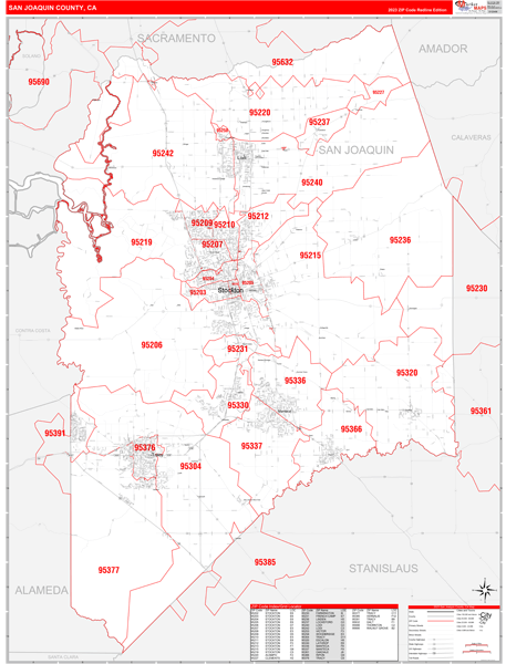 San Joaquin County Digital Map Red Line Style